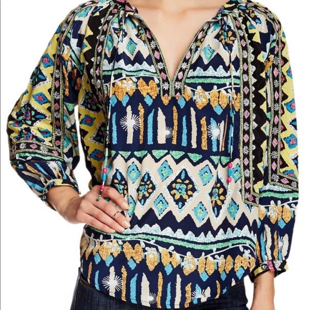 KAS New York Isi Blue Colorful Peasant Top Blouse Bohemian Navy BlueTie Neck S 4